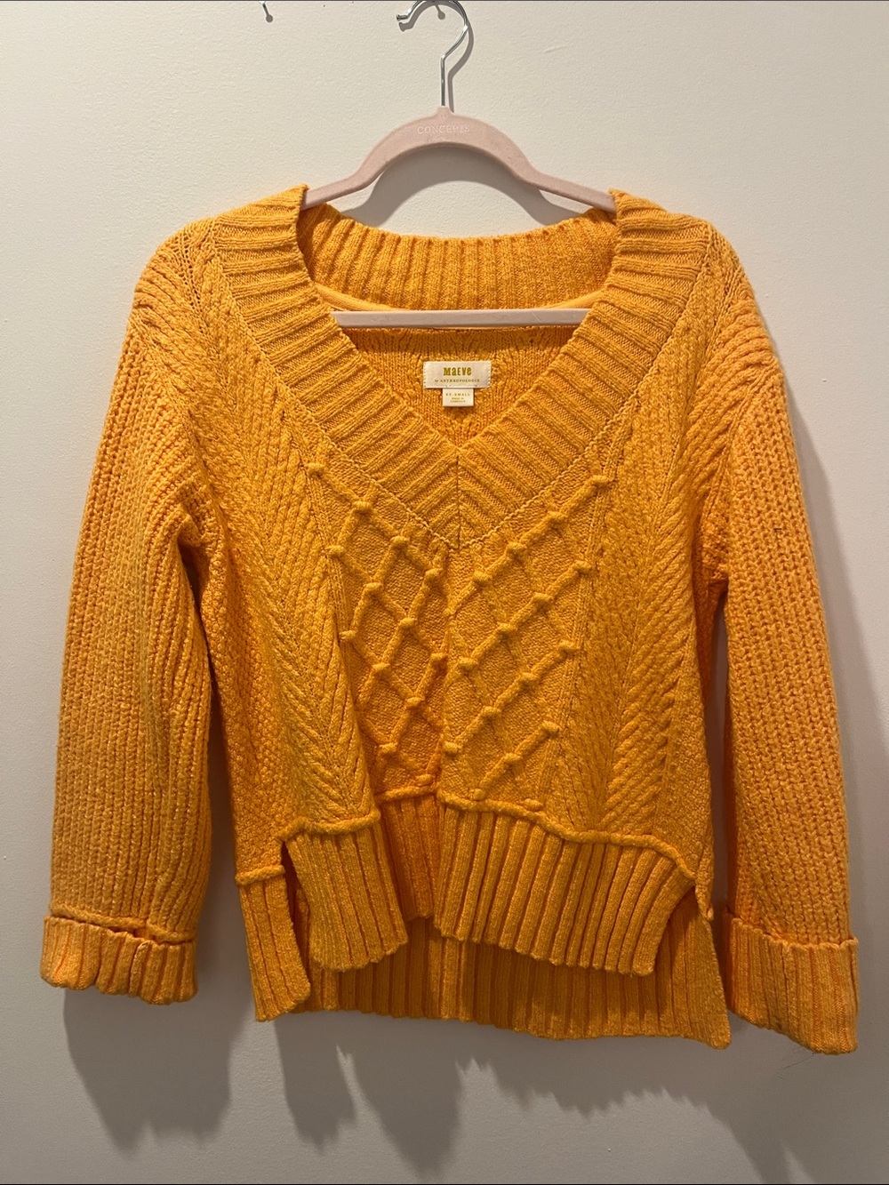 Anthropologie Golden Yellow Cable-Knit V-Neck Sweater